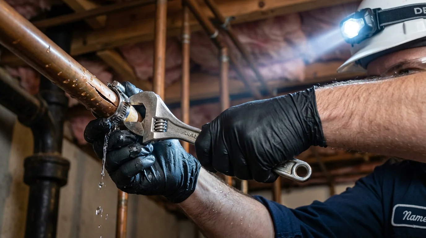 Emergency pipe clamp repair being performed by a Johns Plumbing LLC plumber in Alto