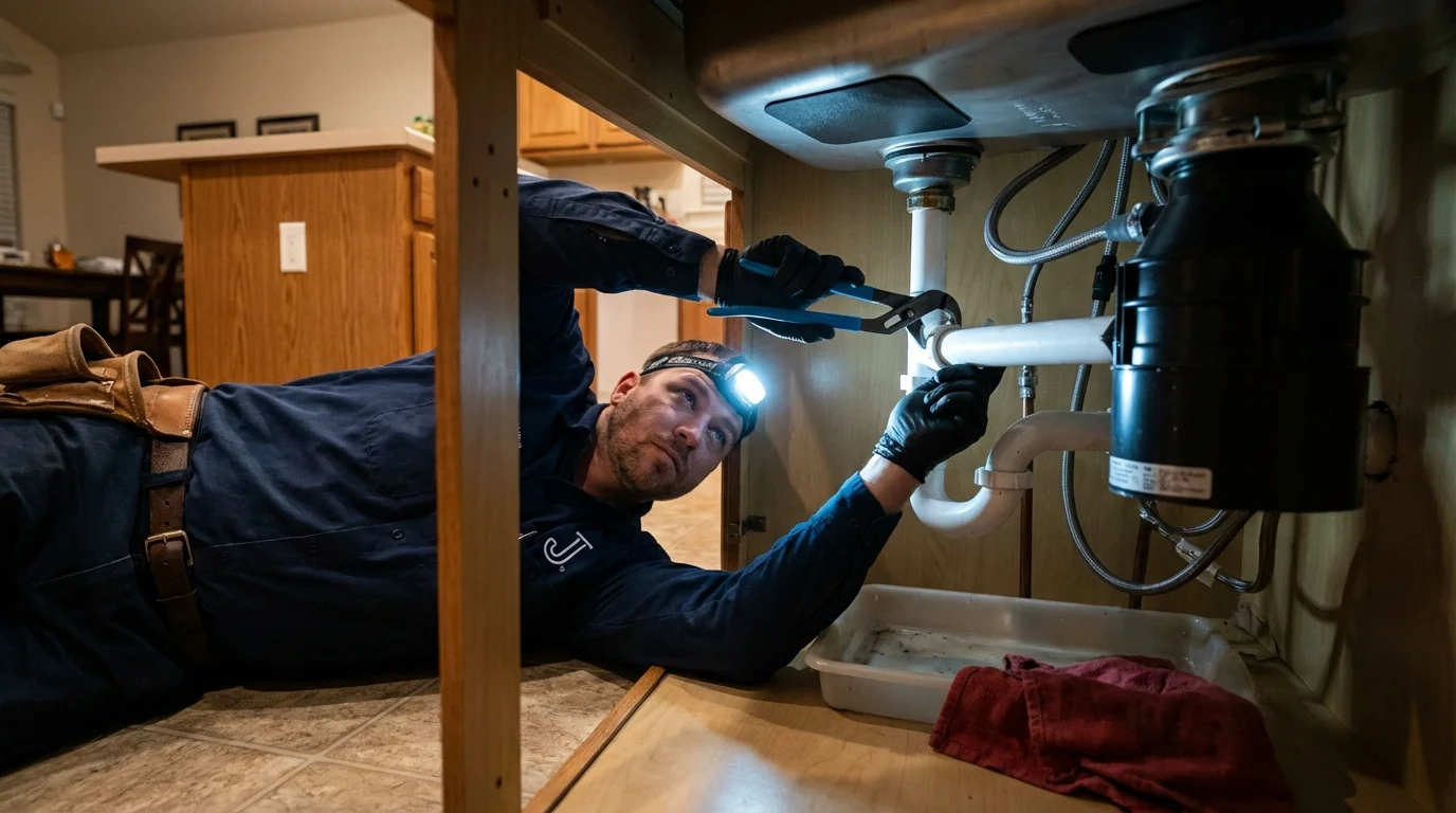 P-trap and supply line connections under a kitchen sink showing a common leak point in Alto, TX